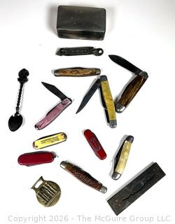Group Including Soap Dish, Pocket Knives and Souvenir Spoon.