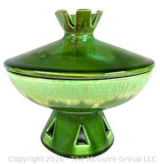 Green Atomic Royal Hager Pottery Covered Compote Dish.