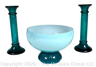Pair of Hand Blown Indiana Glass Candle Holders and Art Glass Pedestal Bowl