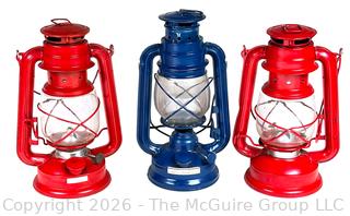 Three (3) Red and Blue Kerosene Oil Lanterns
