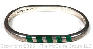 Taxco Mexico Sterling Silver Striped Green Malachite Hinged Bangle Bracelet