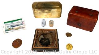 Group Including Daguerreotype with Damage, Civil War Bullets, Uniform Buttons, Brass Hinged Box, Cigarette Cars and Art Deco Medal.