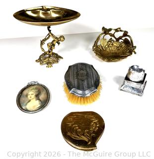 Group Including Compact,  Ormolu Pedestal and Trinket Dish, Silver Plated Vanity Brush, Framed Print and Desk Stand