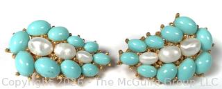 Blue with Faux Pearl Trifari Clip On Earrings