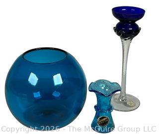 Three (3) Pieces of Mid Century Blue Art Glass Including Kanawha