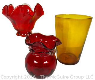 Three (3) Pieces of Mid Century Red and Yellow Art Glass 
