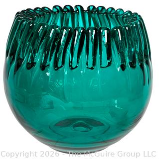 Green Blenko Glass Crimped Rim Rose Bowl.  