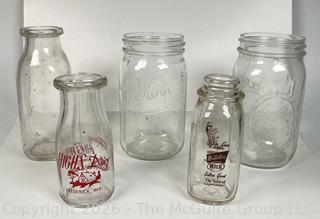 Five (5) Glass Mason Canning Jars and Creamer Bottles