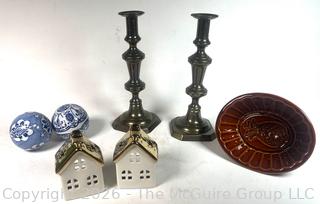 Candle Sticks, Porcelain Houses and Balls, and Pineapple Stoneware Pudding Mold