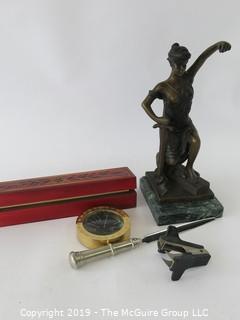 WYSIWYG : rectangular wood box, blind justice statue (-scales), letter opener, paperclip remover, time zone brass case