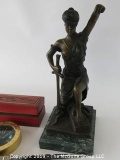 WYSIWYG : rectangular wood box, blind justice statue (-scales), letter opener, paperclip remover, time zone brass case