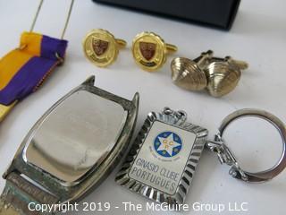 WYSIWYG Jewelry - asst of items: tankard, HARVARD cuff links, medal, key chain, Disney Micky Mouse watch (band broken)