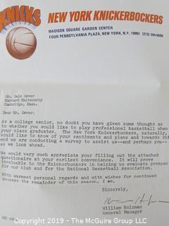 Paper: Recruitment letter from Red Holzman, General Mamager, NY Knicks (NBA) to Dale Dover, Harvard University basketball player, future U.S. Diplomat, Attorney and the first African American Mayor of Falls Church City, VA 