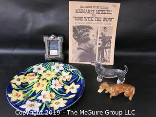 WYSIWYG :small pewter frame, GWTW paper, two dash-hounds, floral plate daffodils 'Malino' England  