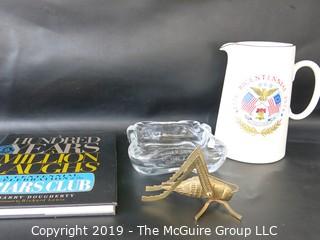 WYSIWYG - Grouping: tankard, brass grasshopper, crystal dish, humor book