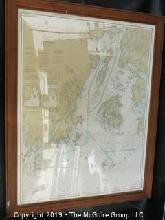 Paper: Historic: Americana: LARGE framed (under glass) hydro-graphic and geographic map of Penobscot Bay; Maine 