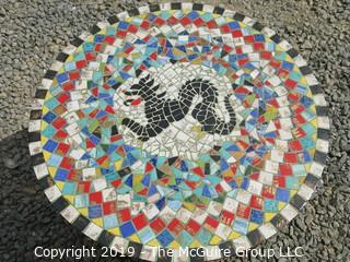 Furniture: round mosaic tile table with black dragon motif. Look at all photos