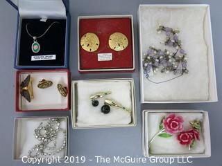 Jewelry: lot 217 7 boxes with asst pins, necklace, etc.   