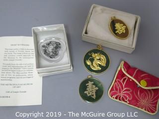 Jewelry lot 219: oriental gold tone calligraphy pendents (jade and tigereye)and silver heart bookmark from MetMOA