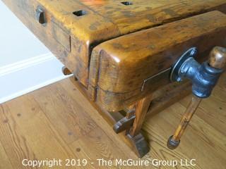 Furniture: Period Piece: Incredible antique woodcrafter's bench w/vises; 102"L x 28"W 