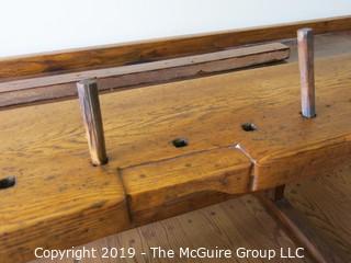 Furniture: Period Piece: Incredible antique woodcrafter's bench w/vises; 102"L x 28"W 