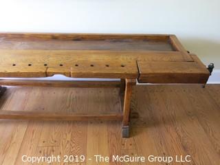 Furniture: Period Piece: Incredible antique woodcrafter's bench w/vises; 102"L x 28"W 