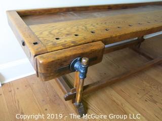 Furniture: Period Piece: Incredible antique woodcrafter's bench w/vises; 102"L x 28"W 