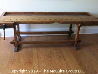 Furniture: Period Piece: Incredible antique woodcrafter's bench w/vises; 102"L x 28"W 