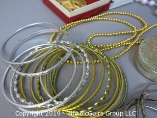 Jewelry: Assorted sets of bangles, compact, necklaces and pin