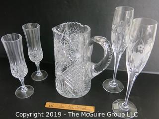 Housewares: Collectable: Cut water pitcher and (2) sets of champagne flutes 