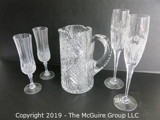 Housewares: Collectable: Cut water pitcher and (2) sets of champagne flutes 