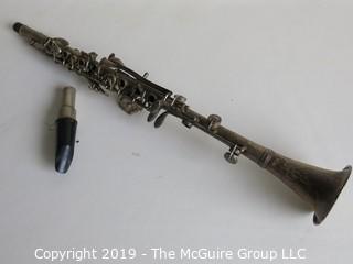 Musical: Instrument: Andre Peron (German?)Silver Clarinet (France) w/ mouthpiece and case Circa 1920's. Horn slightly misshapen. 