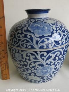 Housewares: Pair of Blue and White Ceramic Covered Ginger Jars; made in Thailand