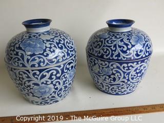 Housewares: Pair of Blue and White Ceramic Covered Ginger Jars; made in Thailand