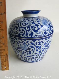 Housewares: Pair of Blue and White Ceramic Covered Ginger Jars; made in Thailand