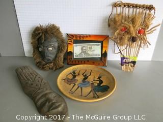 Collection of African Arts including painted plate and carved tortoise shell mask