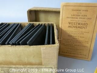 Collectable: Historical: Box of Glass Lantern Plates (incomplete, 1-2 cracked) and vintage glass negative plates from turn of century