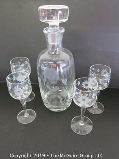 Housewares: Etched glass decanter and 4 stems 