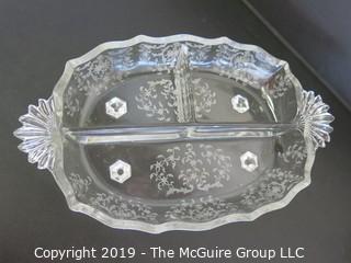 Housewares: Collectable:(3) Clear Etched Glass Serving ware Pieces