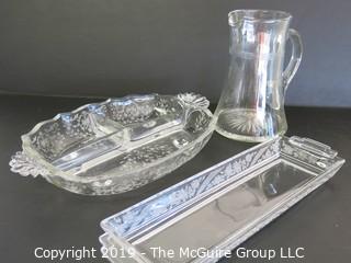 Housewares: Collectable:(3) Clear Etched Glass Serving ware Pieces