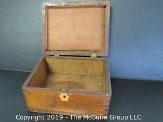 Collectable: Vintage: Hinged Wooden Box with geometric inlay accents; 4 1/2 x 6 x 9"