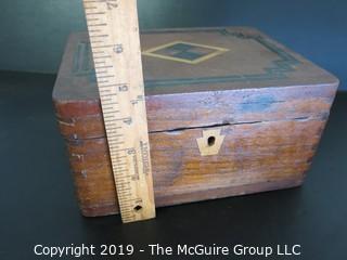 Collectable: Vintage: Hinged Wooden Box with geometric inlay accents; 4 1/2 x 6 x 9"