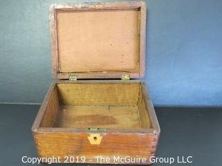 Collectable: Vintage: Hinged Wooden Box with geometric inlay accents; 4 1/2 x 6 x 9"