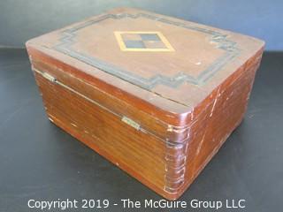 Collectable: Vintage: Hinged Wooden Box with geometric inlay accents; 4 1/2 x 6 x 9"