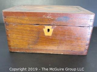 Collectable: Vintage: Hinged Wooden Box with geometric inlay accents; 4 1/2 x 6 x 9"