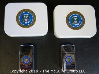 Collectable: Historical: 2 Presidential Seal Tins and 2 Congressional Medal of Honor Society Lighters 1971