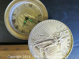 Collectable: Vintage Bulova "1907 Walking Liberty Gold 20 Dollar Coin" Desk Travel Alarm Clock 