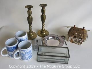 Collectable: Collection including (3) Danish Ceramic Mugs, a Glass Trinket Box, a pair of brass candlesticks and a Danish marked shallow silver bowl 