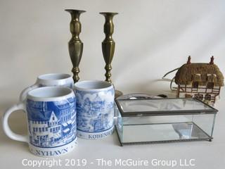 Collectable: Collection including (3) Danish Ceramic Mugs, a Glass Trinket Box, a pair of brass candlesticks and a Danish marked shallow silver bowl 