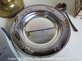 Collectable: Collection including (3) Danish Ceramic Mugs, a Glass Trinket Box, a pair of brass candlesticks and a Danish marked shallow silver bowl 